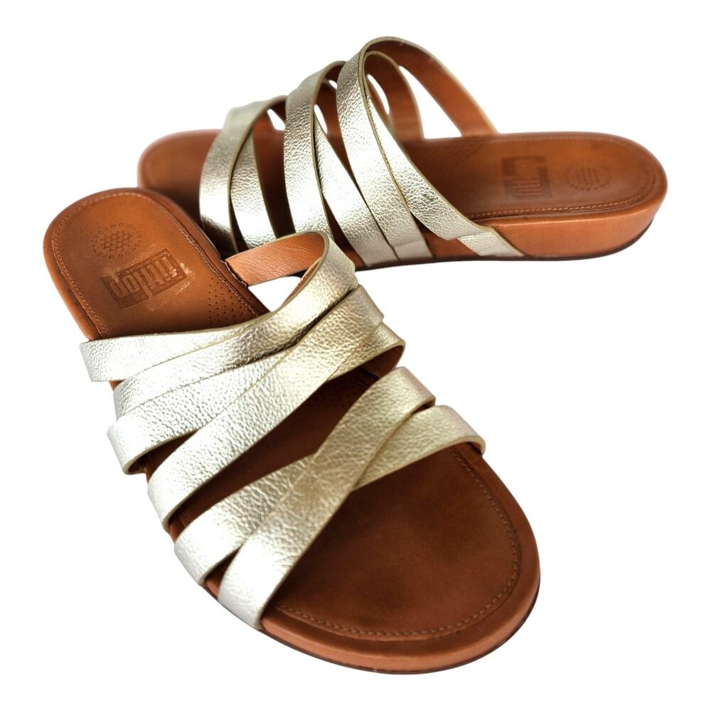 Fitflop Womens Lumy Metallic Silver Leather Slide Sandal Criss Cross Straps Sz 9